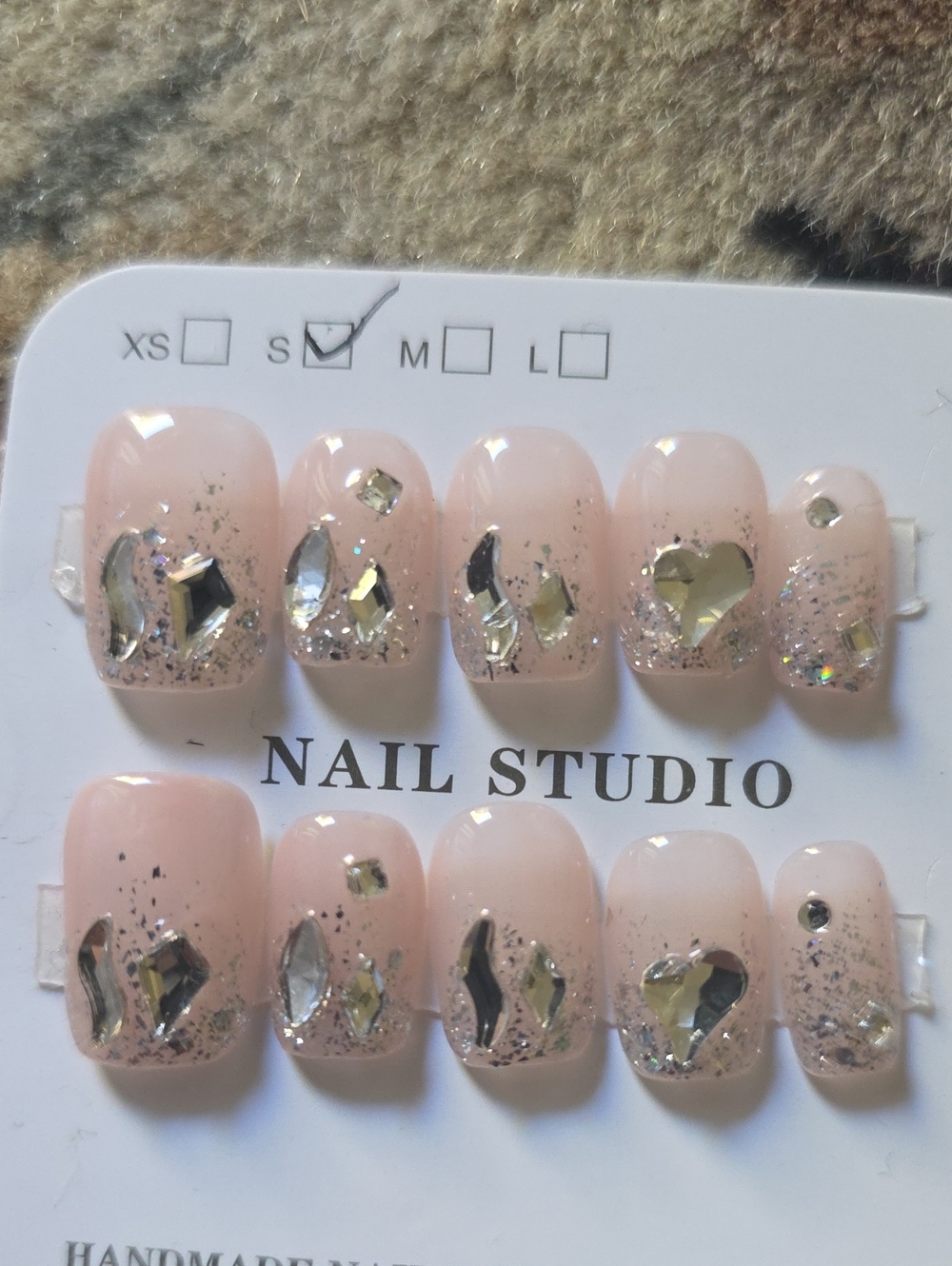 Nail Studio Blush Pink Glitter Press-On Nail Set with Rhinestones Size Small